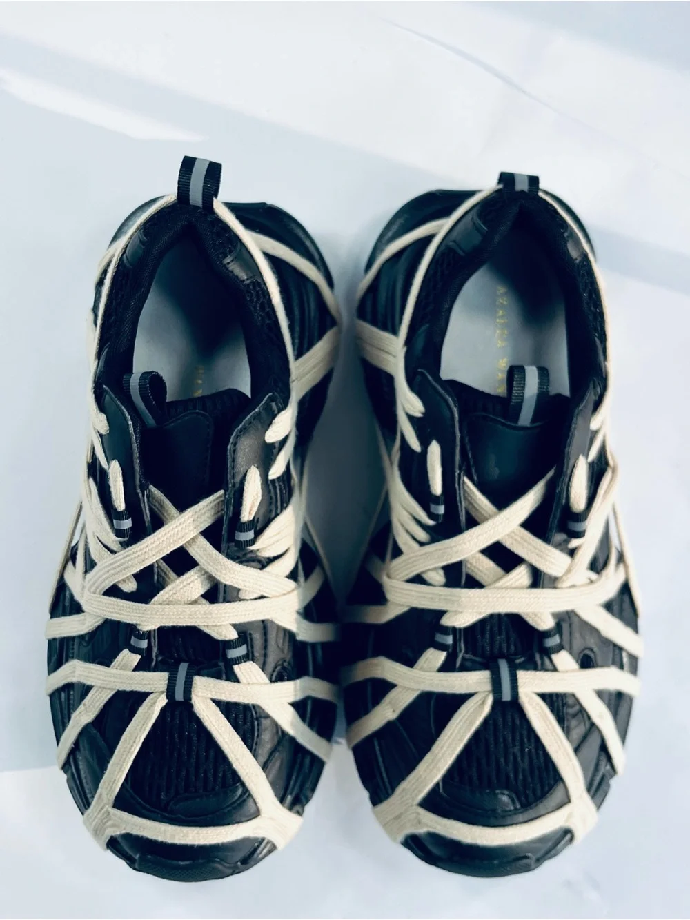 Azalea Wang Women’s Size 9 Selie - Black With Cream Webbing Straps Sneakers NEW